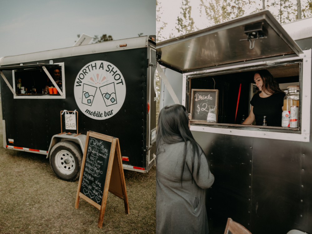 Bartending Trailer with people standing outside and getting drinks